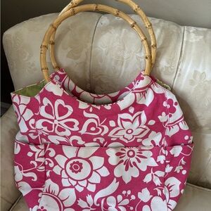Pottery Barn Kids Tropical Floral Baby Bag Canvas Tote Bamboo Handles 19”x16”x8”
